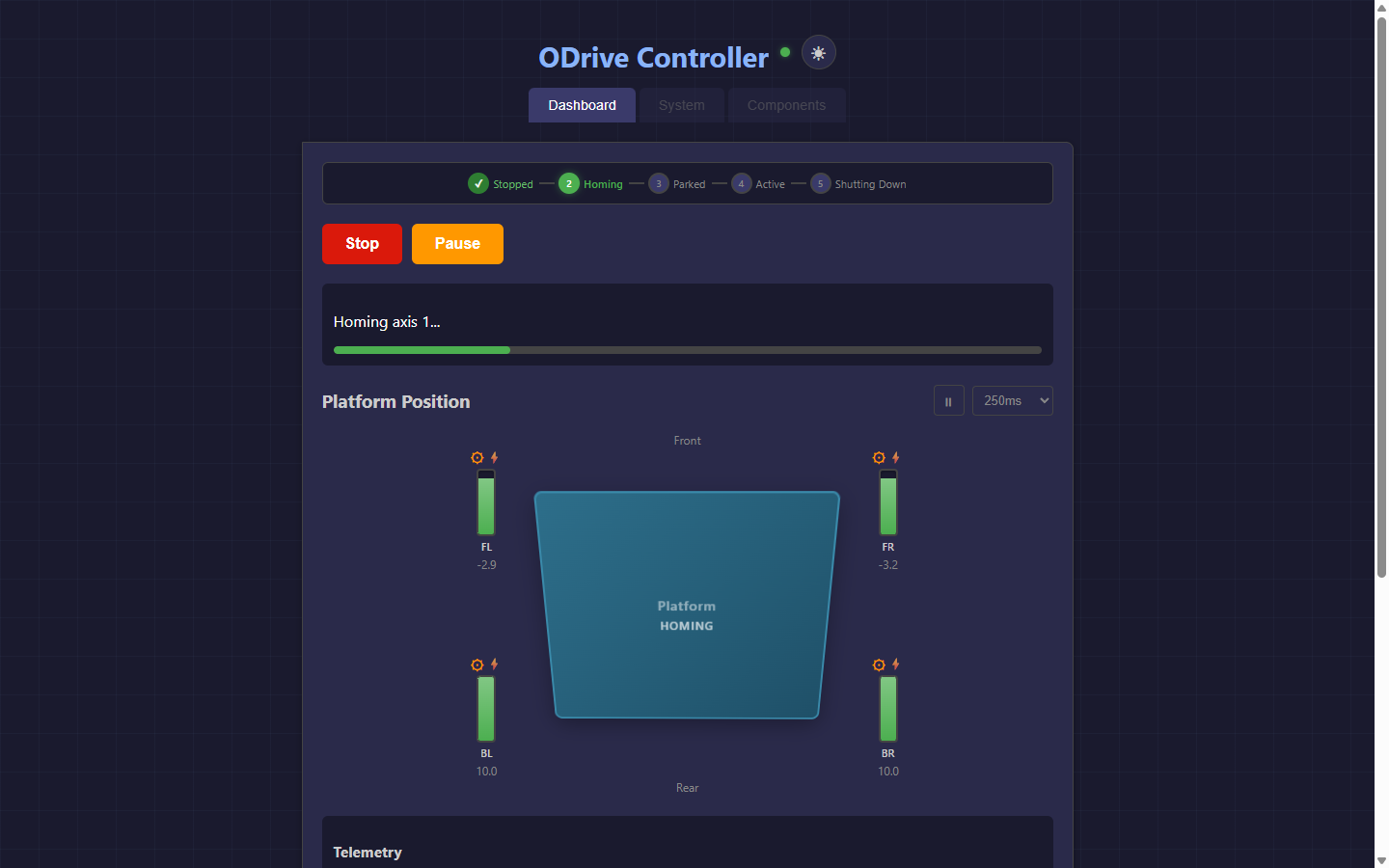 Dashboard during homing sequence