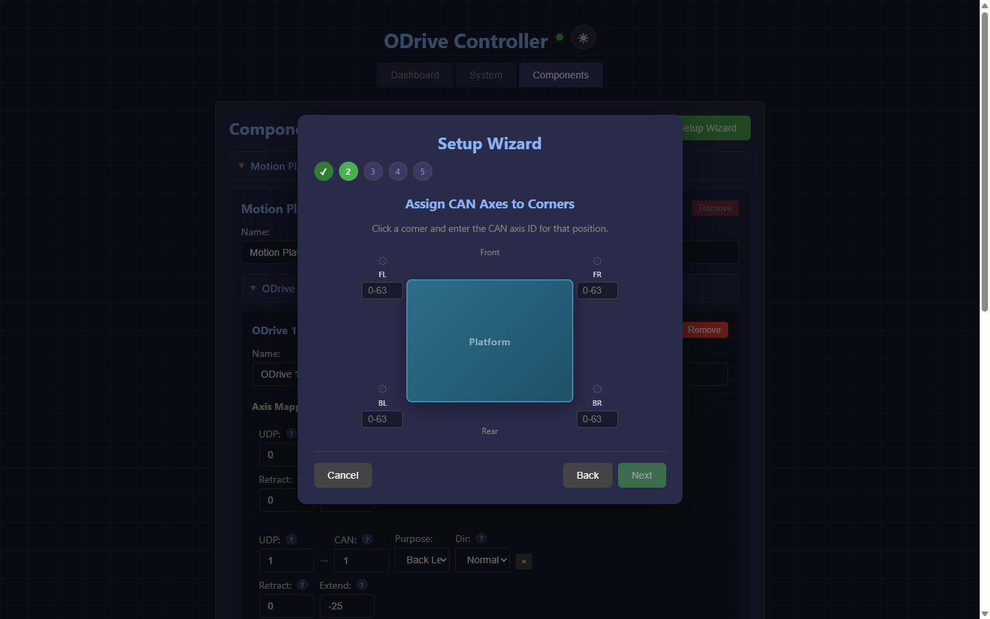 Setup wizard axis assignment